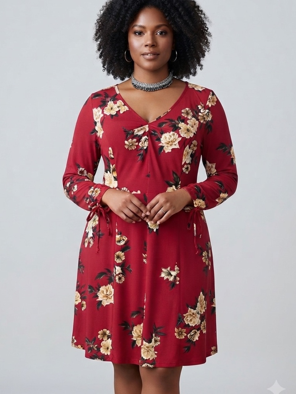 SUZY SHIER Red Floral Long-Sleeve V-Neck Dress size XL